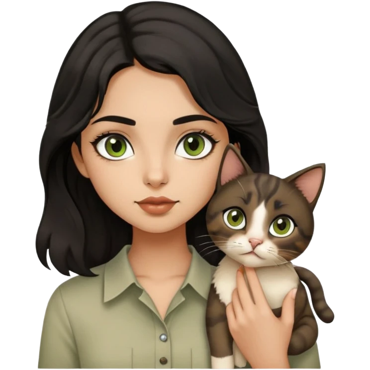 Girl with a medium length black wavy hair, brown big eyes, small lips, pointed nose, straight eyebrows, with olive skin (tanned and brownzy), wairing a beige shirt and holding a white cat with little brown prints and have a green eyes  emoji