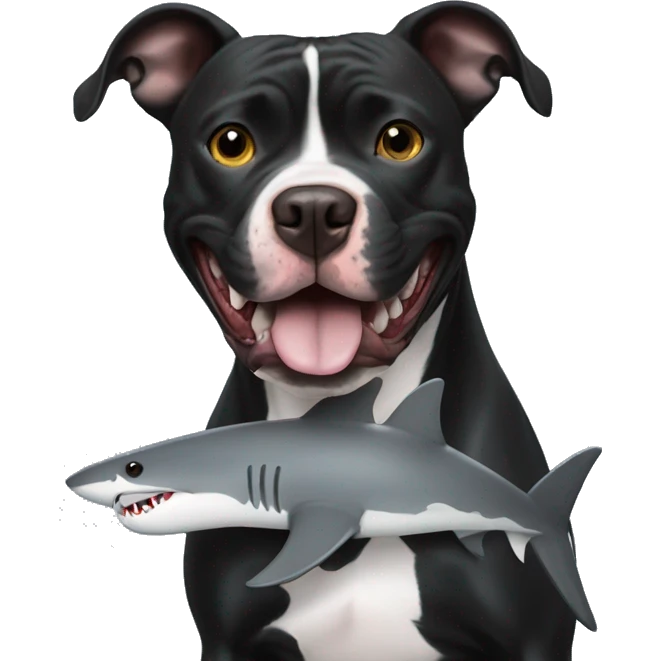Black pitbull with shark toy playing emoji