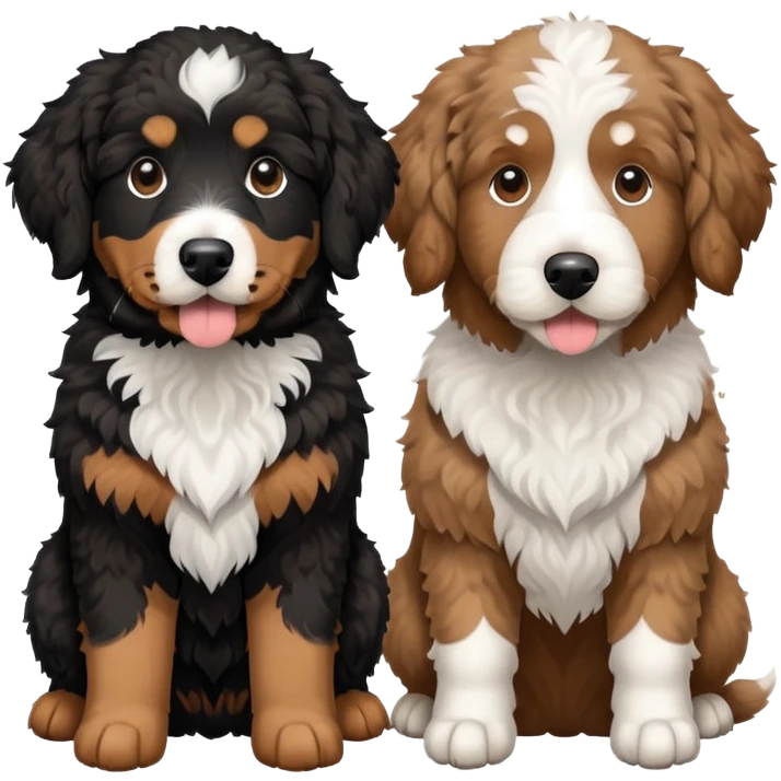 2 dogs: one light brown Aussie doodle, one Bernedoodle all black with white eyebrows some white markings, no brown coloring. Both same size. emoji