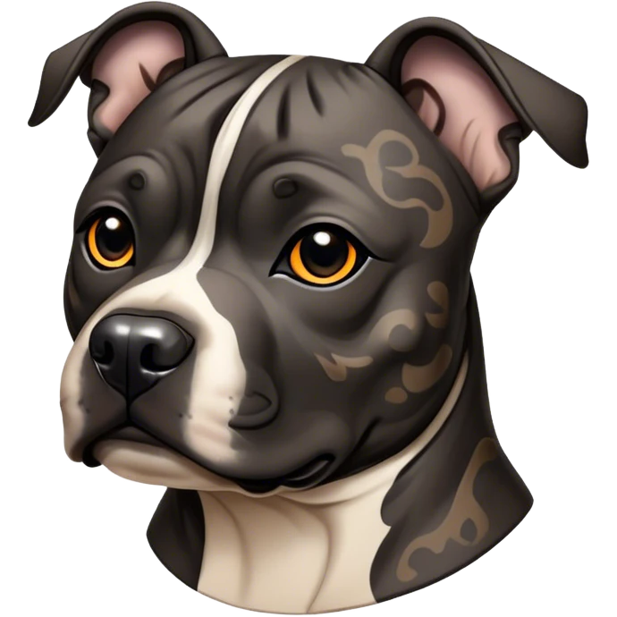 Cinematic Noble Black/Brindle Staffordshire Bull Terrier Portrait Emoji, Poised and regal, with a compact, muscular build and a sleek, well-groomed Fur featuring a striking mix of black and brindle patterns, deep-set soulful dark eyes, Simplified yet sharp and sophisticated features, highly detailed, glowing with a soft, dignified glow, high shine, intelligent and loyal, stylized with an air of strength, focused and attentive, soft glowing outline, capturing the essence of a watchful and confident guardian, so majestic it feels as though it could stride out of the screen with effortless authority! emoji