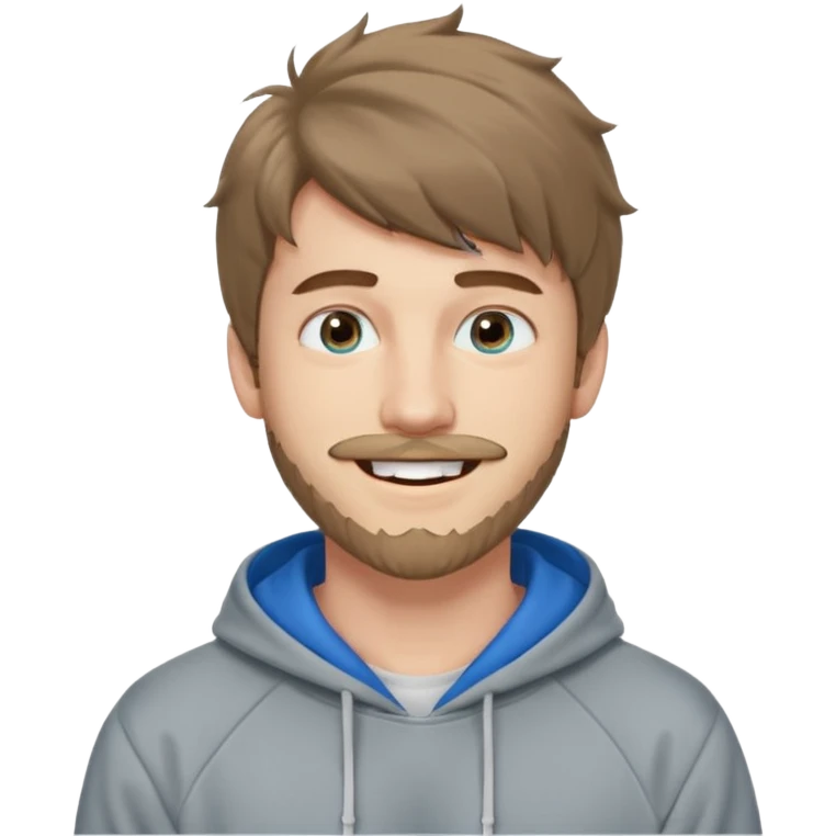 20 year old man, short scruffy beard and thin moustache, brown puffy mullet, blue eyes, big smile, white teeth, big lips, pronounced jaw, hair longer in back, sticking up on top, thin face, grey hooded sweatshirt, pale skin, big smile, blue eyes, puffy hair that is long in back emoji