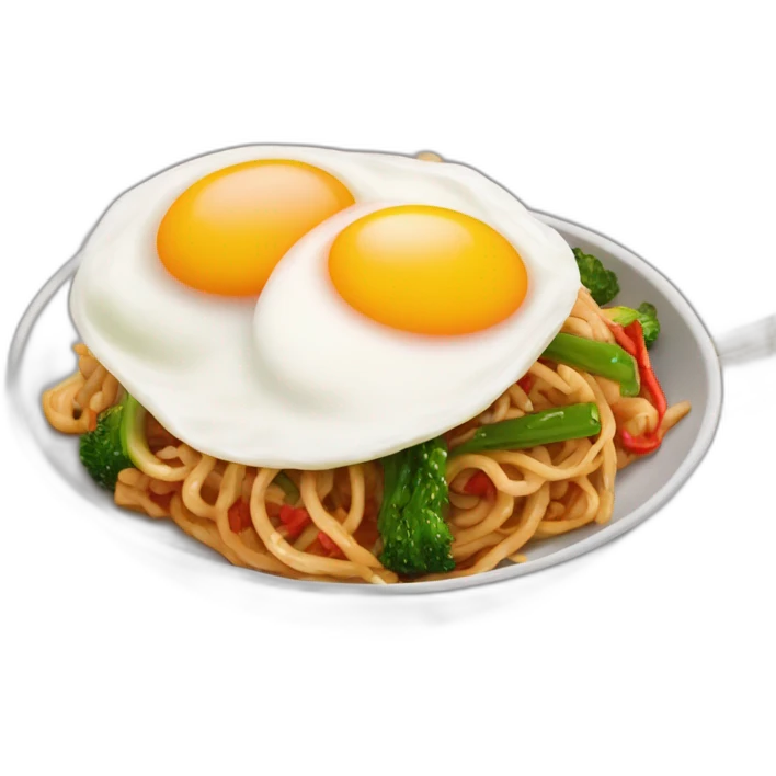 stir fry noodle with red sauce and egg fry on top emoji