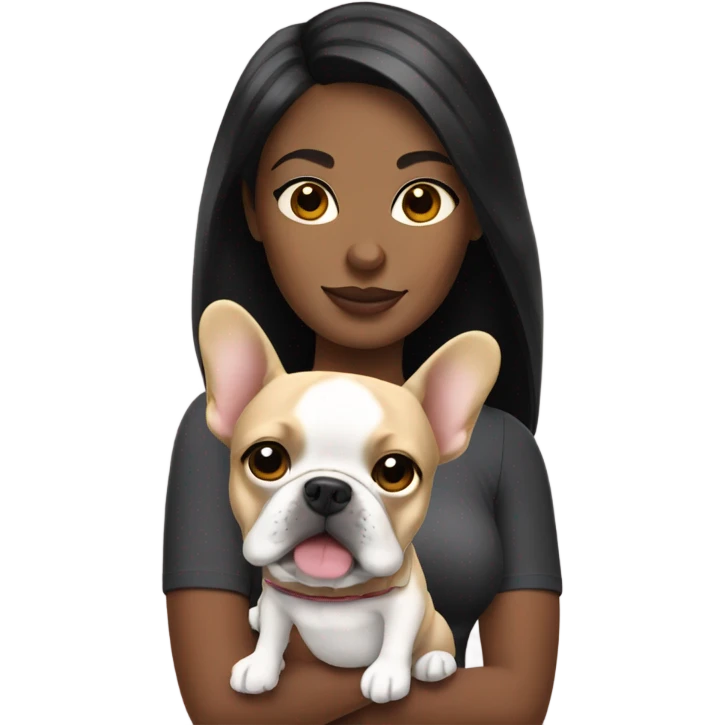 Black hair woman holding blonde French bulldog  emoji