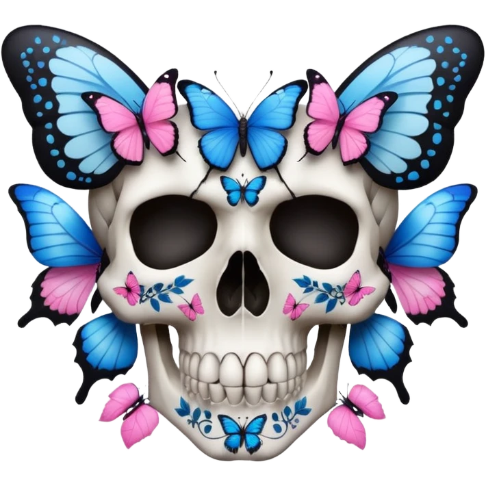 White skull with blue and pink butterflies, leaves, and black intricate patterns emoji