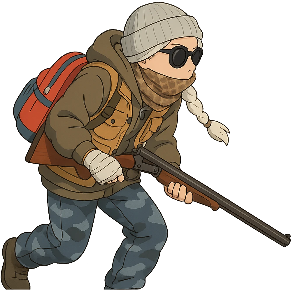 1 female, long white braid, knit cap, dark sunglasses, shemegh neckwrap, fishing vest, vibrant shool backpack, drab hoodie, handwraps, blue camo pants, Blaser Bbf-95, hunched over, on the move emoji