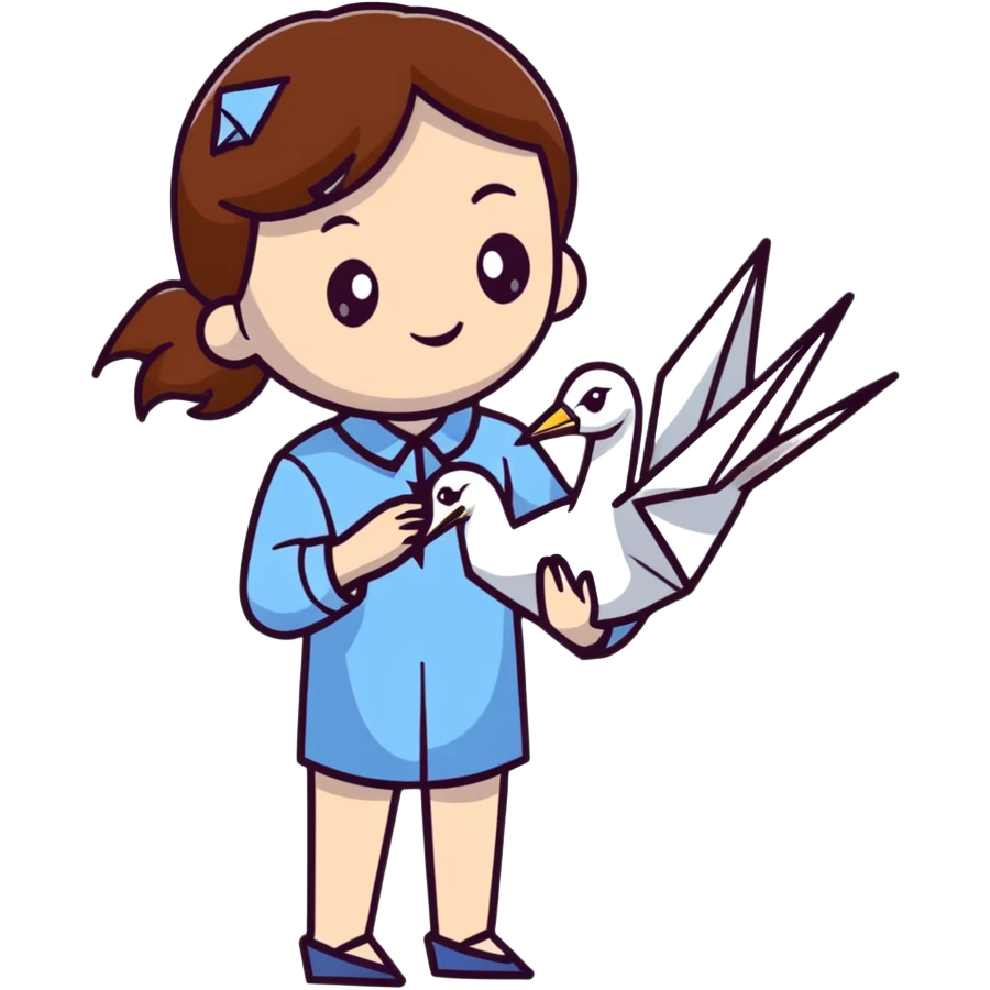 A Ukrainian young girl with brown hair wearing a white embroidered shirt holds an origami blue crane emoji