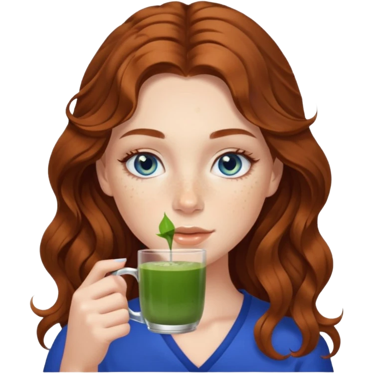 White girl with long wavy brown hair, freckles, blue eyes and long lashes drinking matcha emoji
