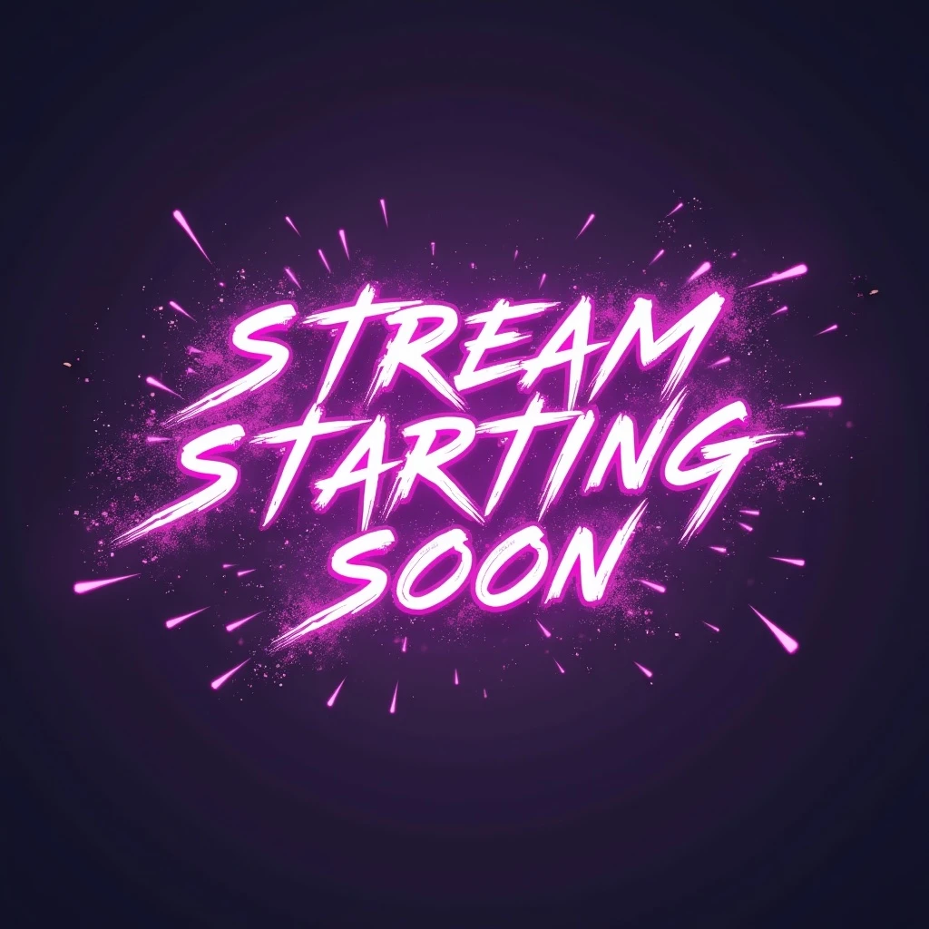 cyberpunk style text splash overlay with the words 'stream starting soon', lavender color scheme, futuristic neon, glowing accents, streaming overlay emoji
