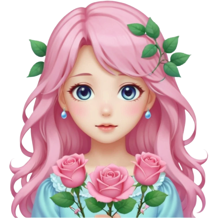 Gorgeous pastel anime style lady with blushing face and roses cottagecore fairycore pastelcore shiny colorful pearly aesthetic trending style emoji