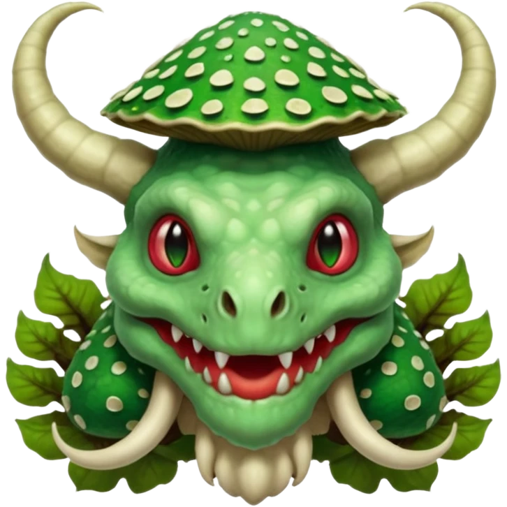poisonous mushroom dragon beast portrait, head and shoulders only, face covered in mushroom plates, glowing green spores, fungal horns, mushroom cap scales, fantasy creature, 3D cartoon, mobile game icon style, clean background, no text, no watermark

 emoji