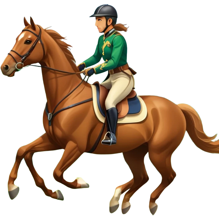 An icon featuring a horse and rider galloping gracefully over a lush green field. The rider is in full gear, guiding the horse with precision. The background shows rolling hills, a clear blue sky, and vibrant sunlight illuminating the scene. Transparent background highlights the elegance emoji