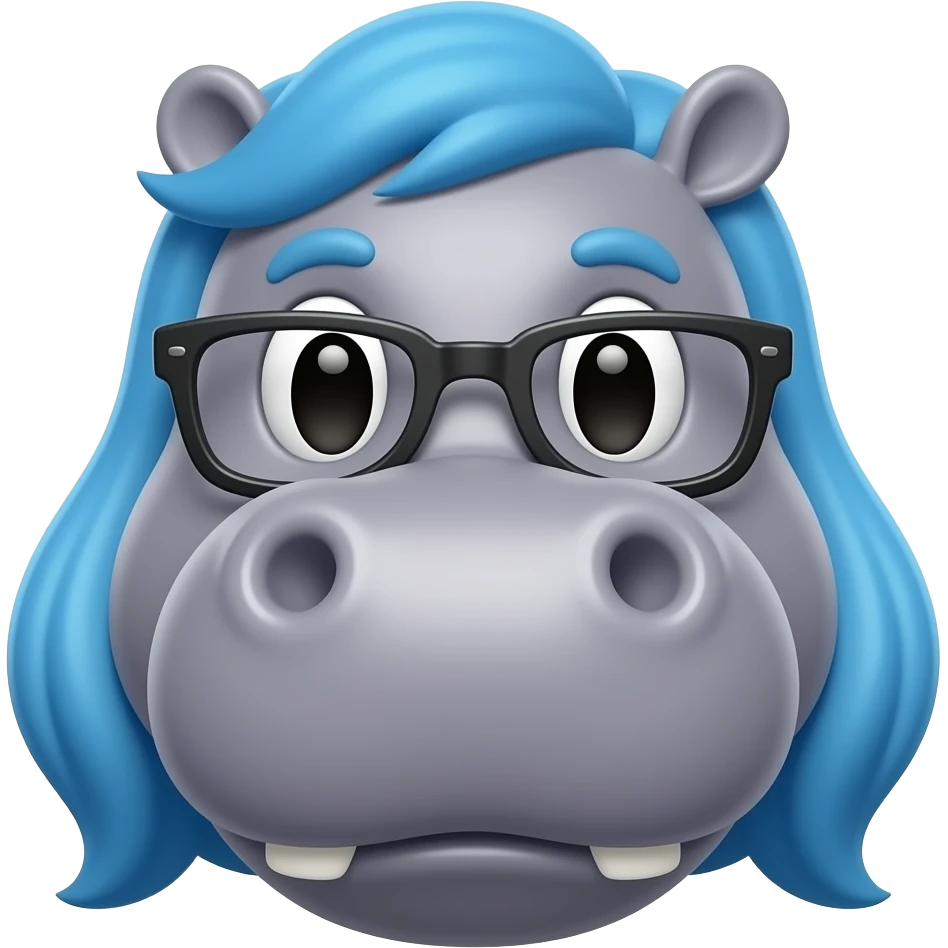 hippo with spectacles face front view and blue long hair and no eyebrows emoji