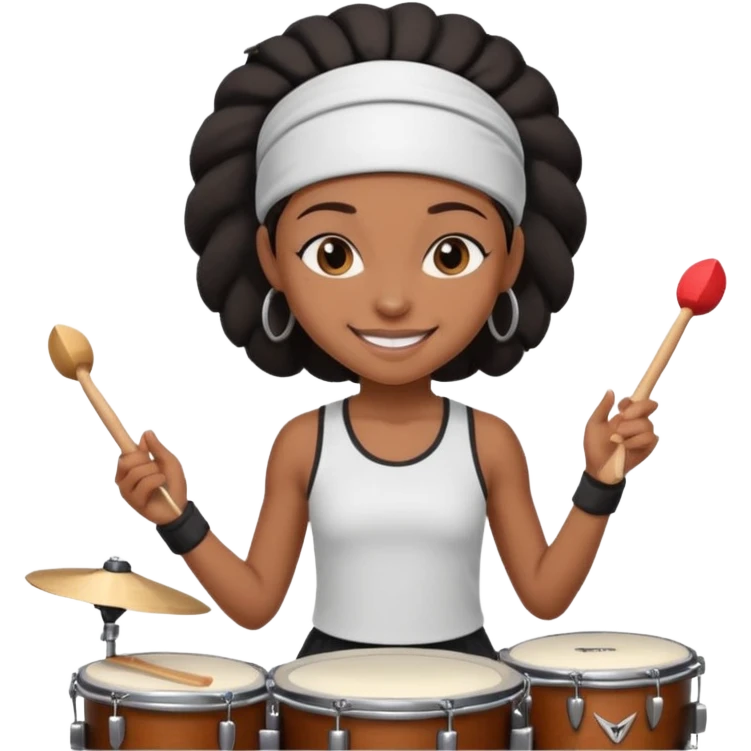 A black girl drummer with a sporty headband and clothes, tapping her drum rhythmically with a grin. emoji