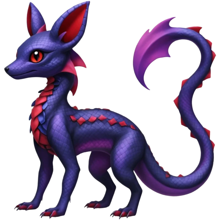 Gothic Black red purple Scaley Exotic Salandit-Umbreon-Suicune-Fakémon-hybrid-creature (full body), 4 legs emoji