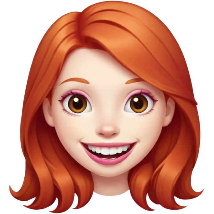 Young girl with pale skin, full pink lips smiling with big teeth, ginger red hair (very long), bigger nose, extra large brown eyes (very big eyes), big mouth emoji