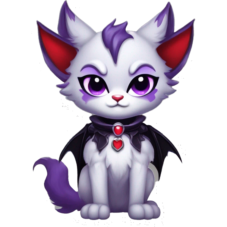 Anthro-Cute-Edgy-Cool-Vampiric-Batty-Cat-Black-Purple-Red-Grey-White-Contrast-Colors-Fantasy-Fur-Sona-Chibi-Shiny-Fakémon-Hybrid with horns and fangs and collar full body emoji