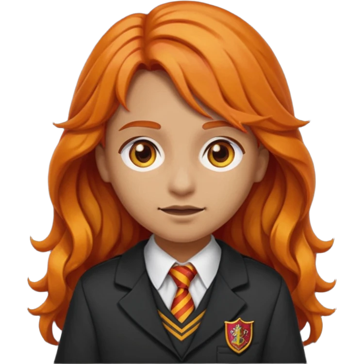 A iphone emoji with long wavy fierce orange hair and hazel eyes, wearing Gryffindor school uniform emoji