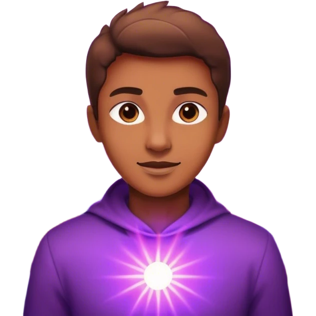 A charismatic person glowing in center of a room, radiating a violet warm bright aura glow, he is attracted with a lot of people around emoji