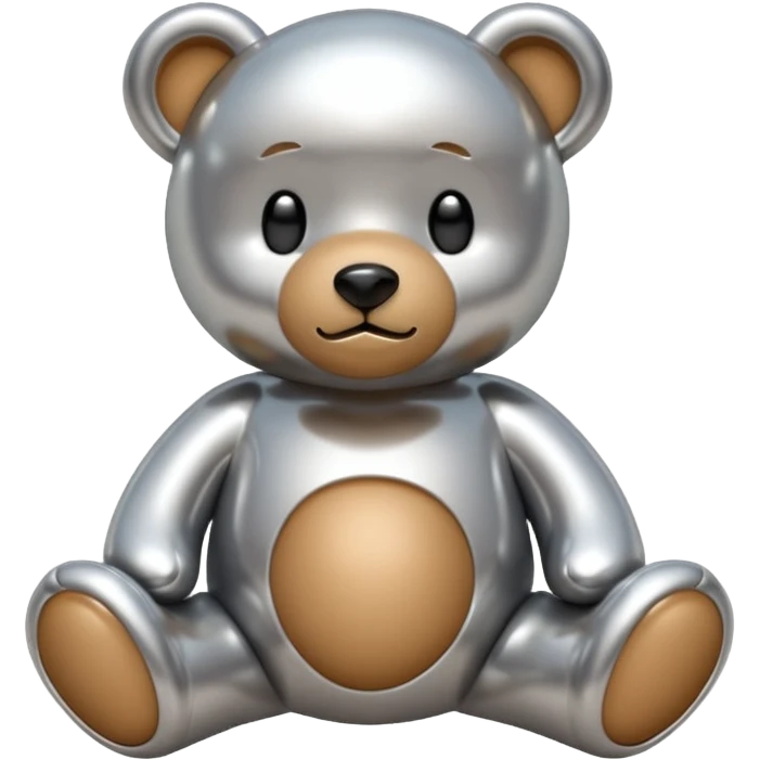 A cute teddy bear emoji made of liquid silver chrome, smooth rounded body, glossy metallic surface, soft reflections, friendly proportions, iOS emoji style, centered, clean white background emoji