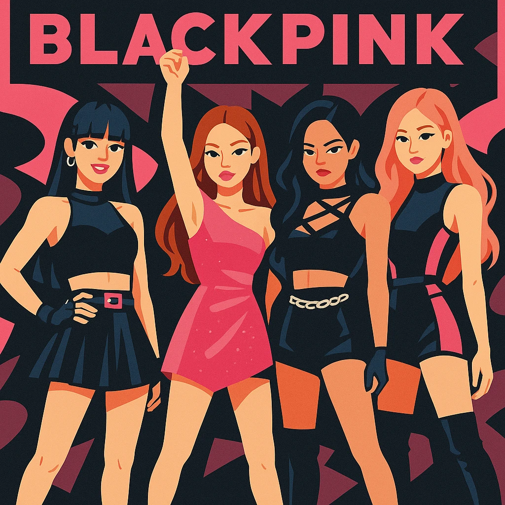 Blackpink K-pop group, pink and black accents, bold stage outfits, powerful group pose, modern pop style emoji