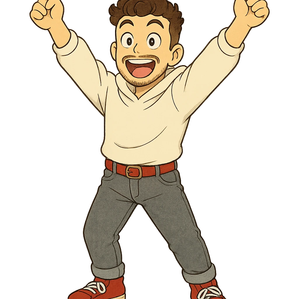 1 male, mid fade haircut dark chestnut brown curly hair, toasted lightskin, white hoodie sleeves up, gray fashion jeans, red fashion-sneakers shoes, red belt, short trimmed beard and goatee,  style of deku from "my hero academia",  doing a pose for a "happy" emote for twitch emoji