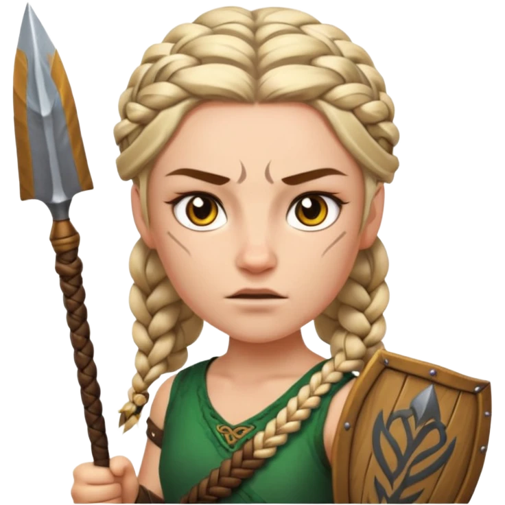 Emoji portrait of a Celtic warrior. Braided hair, fierce expression, holding a spear. emoji