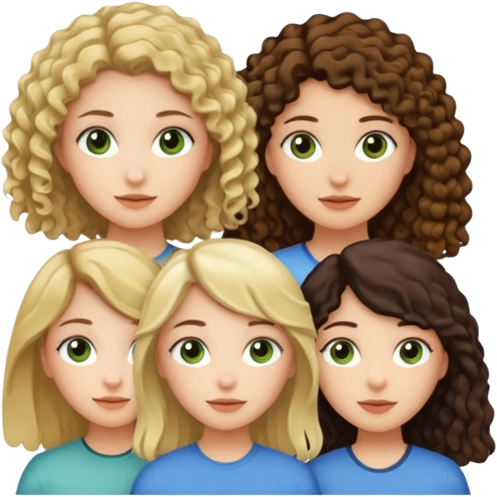 A trio of girls (one straight haired brown eyed brunette, another straight haired Blueish greenish eyed blonde and the last girl a browned eyed curly haired brunette emoji