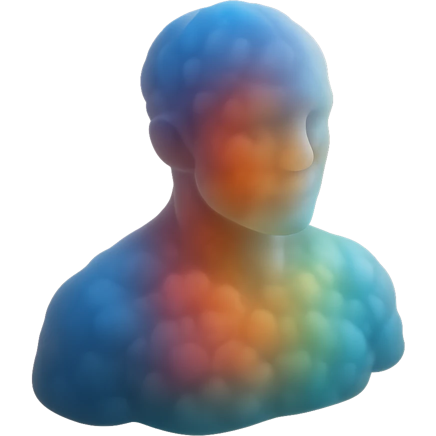 person made entirely of multicolored volumetric clouds, shoulder up, front view, matte glass style emoji