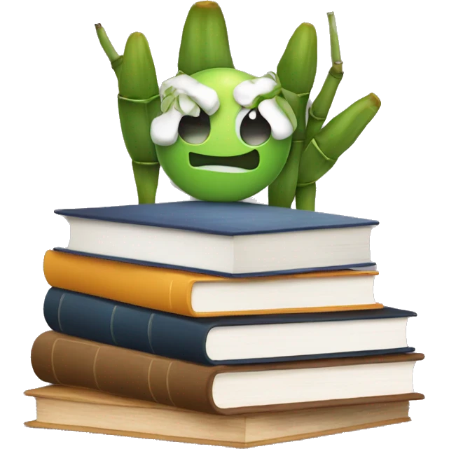 A stack of books sitting on a bamboo desk with a tasty book being in the middle  emoji