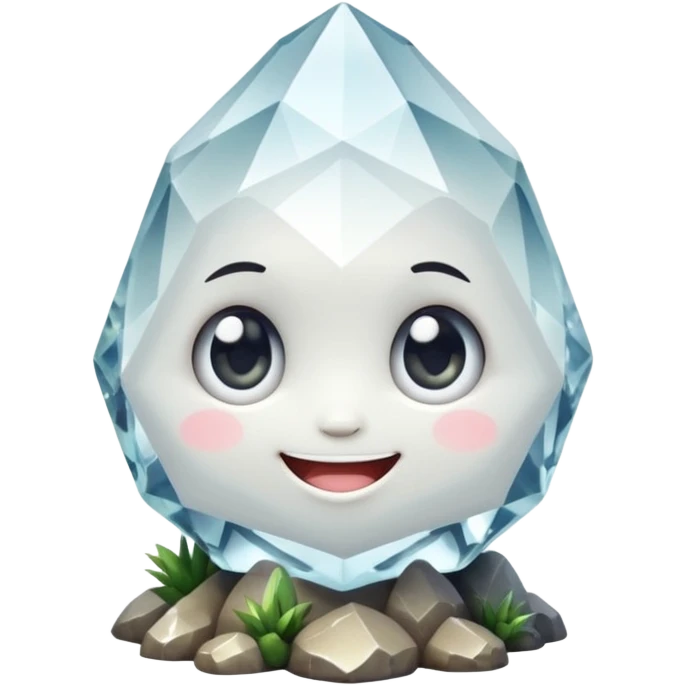 A single cute crystal rock character inspired by a clear quartz cluster, chunky round base with many tall transparent crystal spikes growing upward all around it, faceted and slightly imperfect, on the front of the base a big kawaii face with large glossy eyes and a wide happy smile emoji