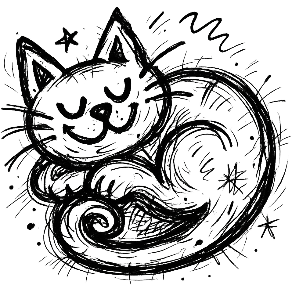 chaotic outlined icon of a cute cat curled up and purring, with exaggerated, whimsical features emoji