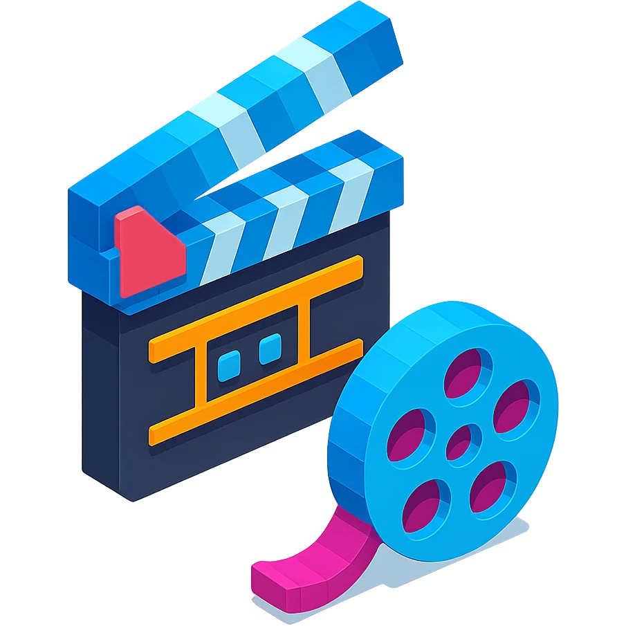 movie clapperboard with film reel, isometric view emoji