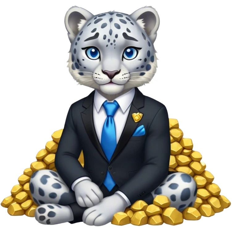muscular snow leopard in black suit with blue tie sitting on pile of gold nuggets emoji