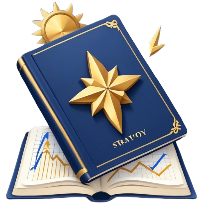 A navy blue productivity book with gold details, chart with upward trend aura, radiating productivity, strategy, and success in motion- emoji