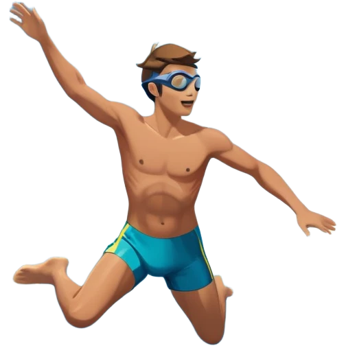 A diver mid-air, plunging from a high cliff into the sparkling ocean below. The background features rugged cliffs, clear blue water, and a bright sky, emphasizing the excitement and danger of the sport with a sense of freedom and adventure. emoji