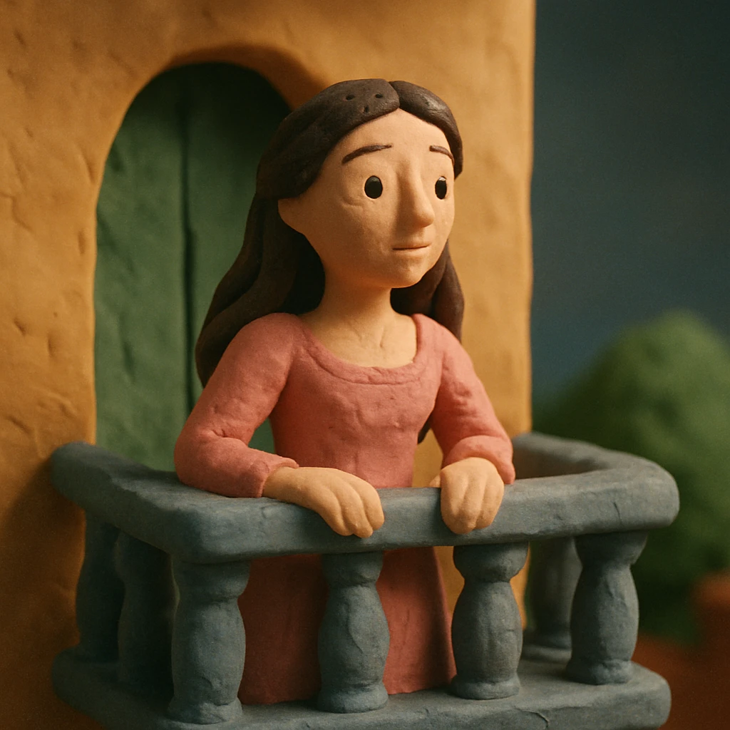 claymation style Juliet on a balcony emoji