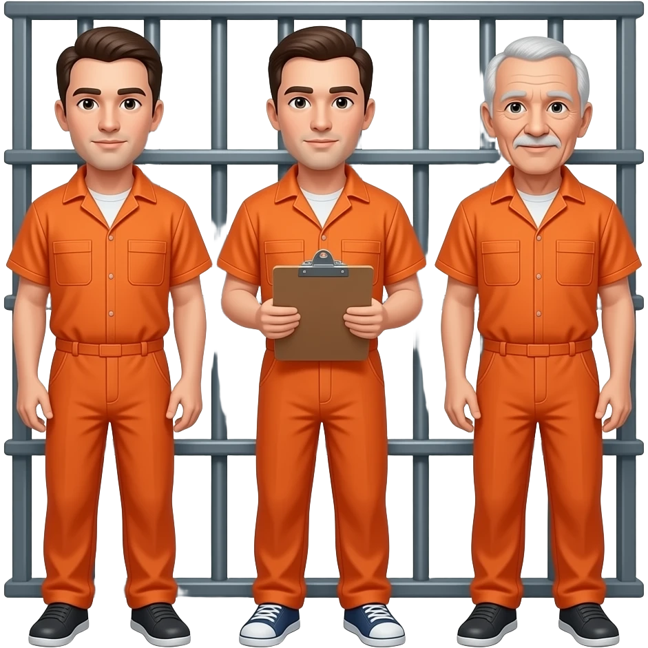 three guys in prison ages 35, 50, 65. Clean Shave. youngest in middle with clipboard emoji
