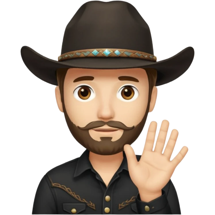 Man with short beard, wearing a cowboy hat, black shirt, with hand covering half his face emoji