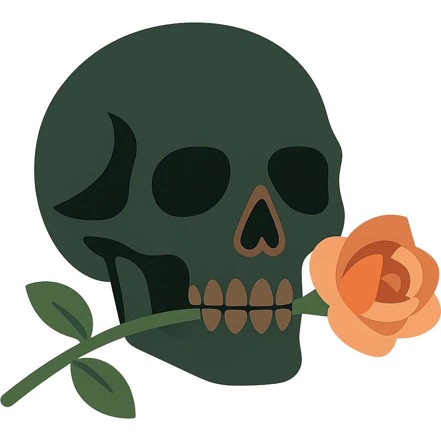 A dark, mysterious skull with a gothic, haunting atmosphere, featuring a soft color palette: golden orange (FA9B41), deep forest green (4A7C5C), muted taupe brown (96775A), and pastel peach (FFCC9A). The skull has sharp, angular features and hollow eye sockets, exuding a sense of mystery. A single, delicate rose lies across the skull, its petals in rich shades of peach and soft orange, with a deep green stem. The contrast between the dark skull and the soft, vibrant rose creates a striking, emotional effect. The background is dimly lit, with subtle shadows and perhaps a faint glow, enhancing the gothic yet strangely beautiful atmosphere. emoji