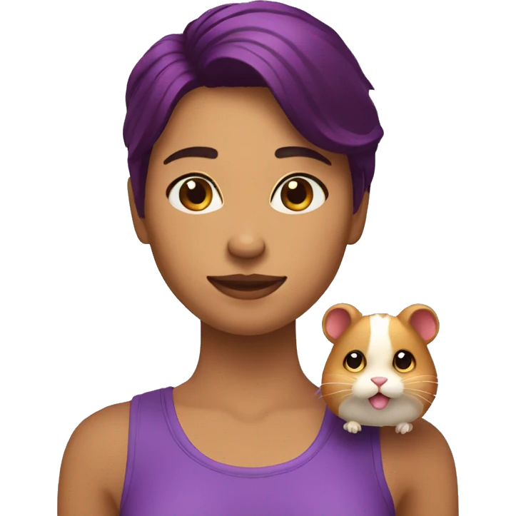 Chica con el pelo morado al lado de un hamster emoji