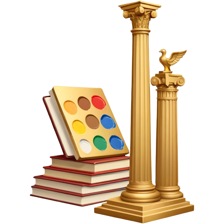 An icon featuring a paint palette, a sculpture, and a book, symbolizing the study of culture and art. The design includes a classical column and a canvas, representing art history and cultural exploration. Transparent background highlights the connection between creativity and history. emoji