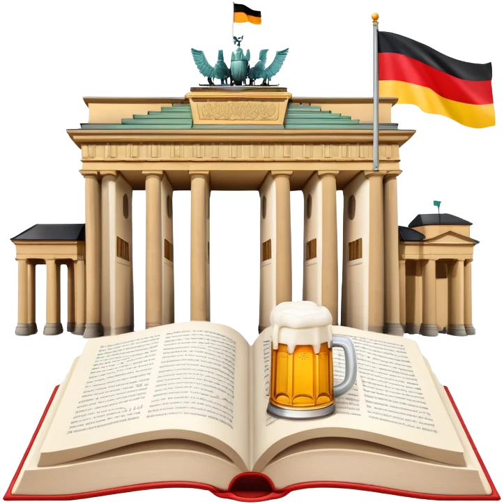 An icon featuring the Brandenburg Gate and the big flag of Germany, symbolizing the German language. The design includes an open book with German text and a stein of beer, representing language learning and German culture. Transparent background emoji