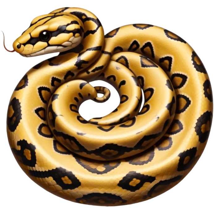 A photo-realistic top-down view of a Ball Python gently coiled into a tight spiral, with its head resting peacefully at the center. Its scales are warm brown with bold, irregular black markings, including the distinctive “alien-head” pattern, flowing smoothly along its body.  emoji
