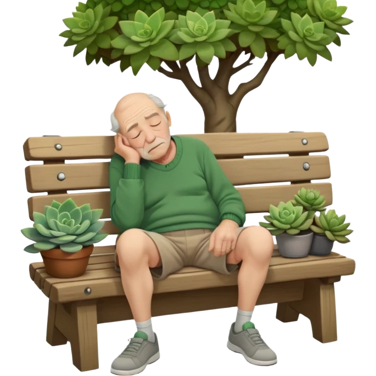 Old Man sleeping (fully laying) sideways on bench in green sweater, light brown shorts, and grey shoes with one tree and succulents in background emoji