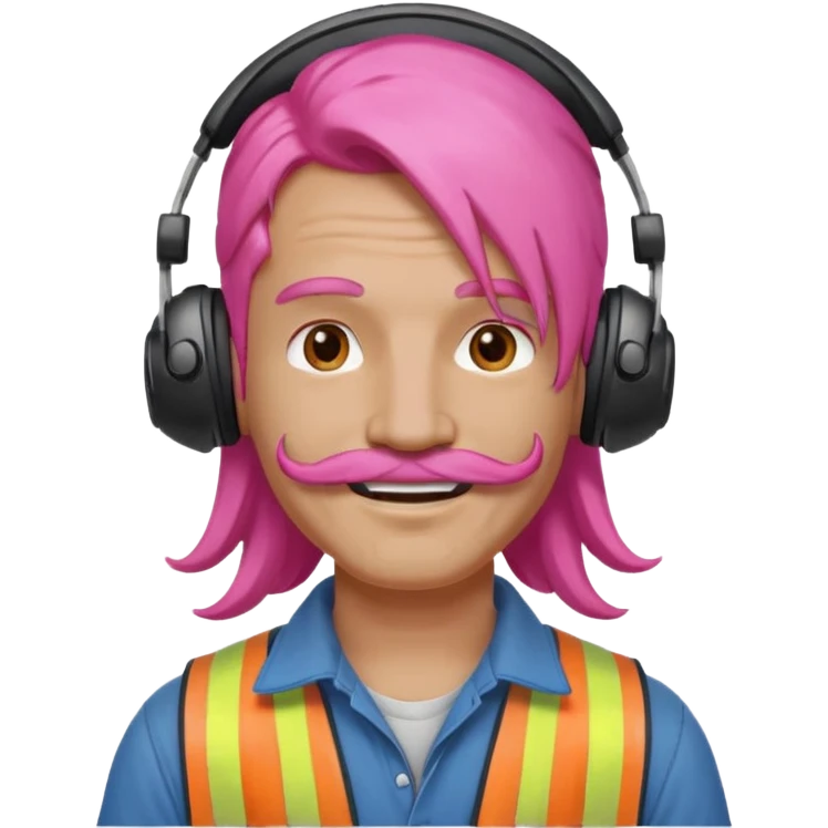 construction worker with long pink hair and headphones and mustache emoji