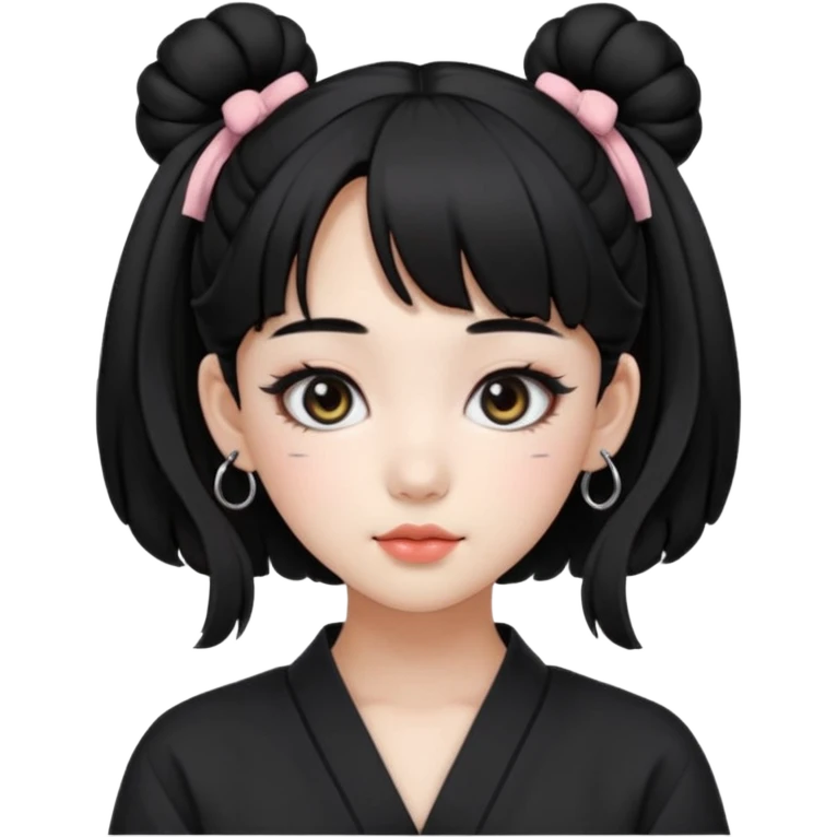 a beautiful girl face, wearing cute korean makeup, black hair, tied into two buns low near the ears with front bangs, kpop idol emoji