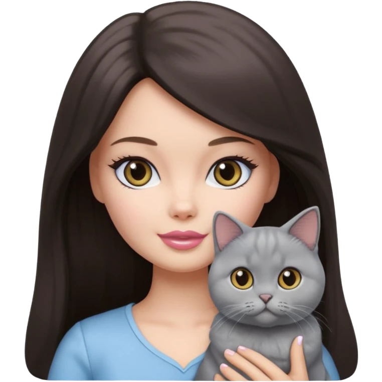 White Barbie girl dark brown long hair with British kitty emoji