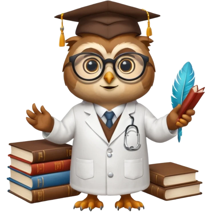 Wise owl with glasses, wearing a lab coat, perched on a stack of books. emoji
