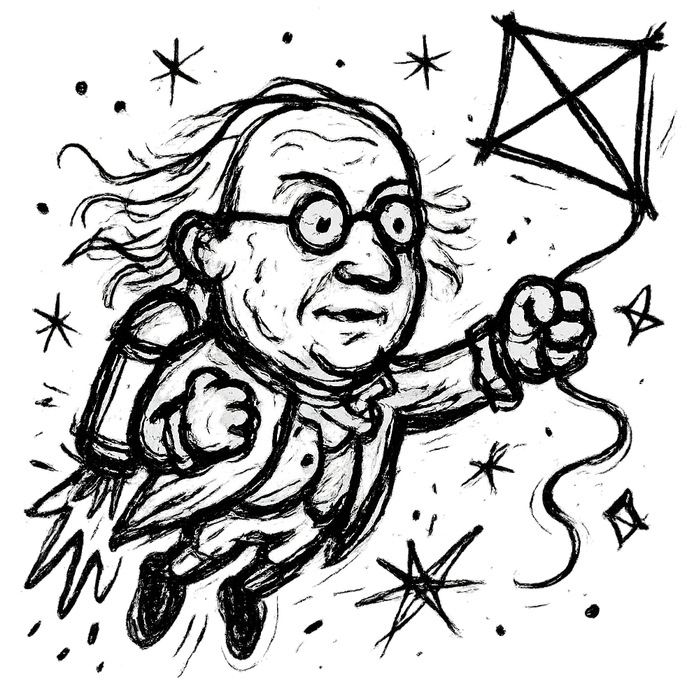 Ben Franklin with jetpack and diamond kite, minimalist, black outline, slightly chaotic lines emoji