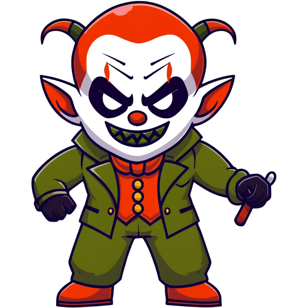 evil clown warrior, bald, short black devil-like horns on forehead, fangs, pointed ears, black and military green leisure suit with bellbottom pants, realistically proportioned, less bulky, full body visible, battle-ready fighting posture emoji